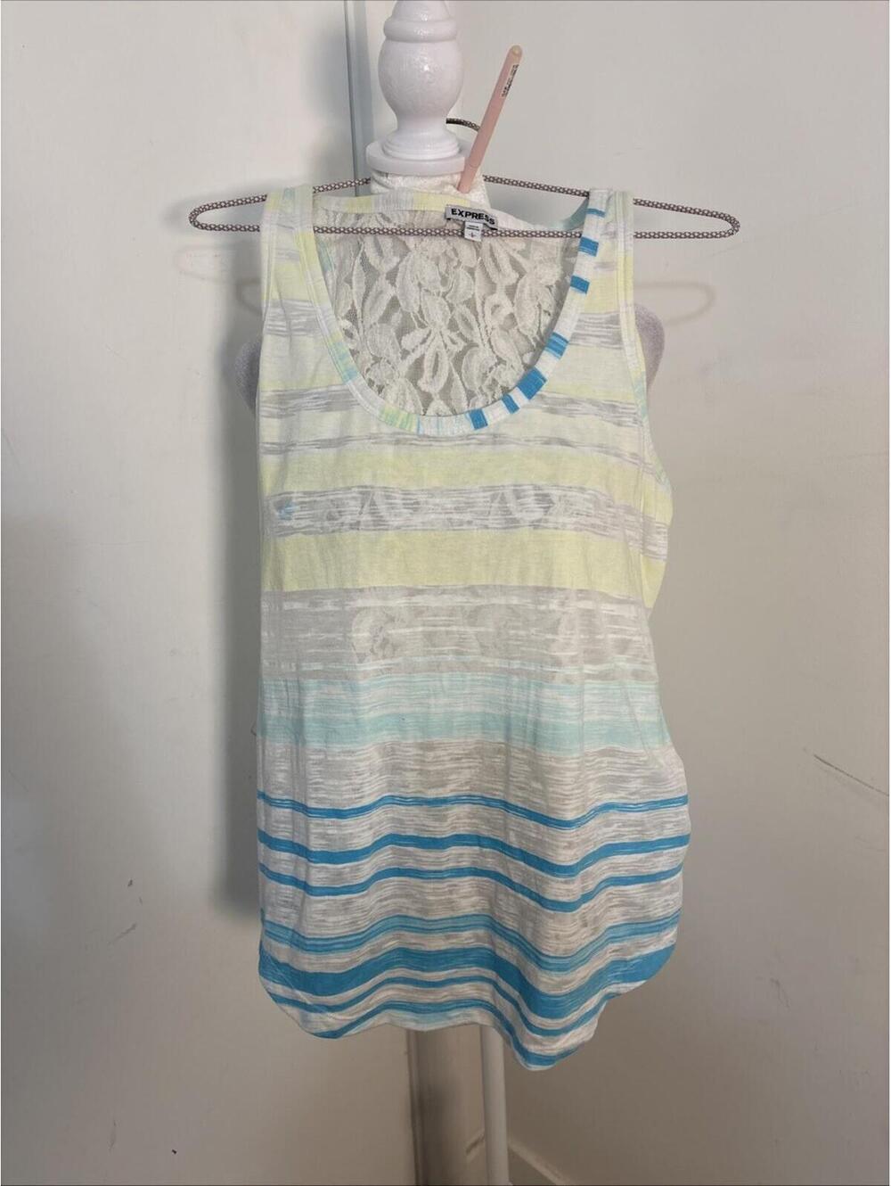 Express Ladies Large Tank‎ Lace Back Blues Gray Yellow NWOT Sheer